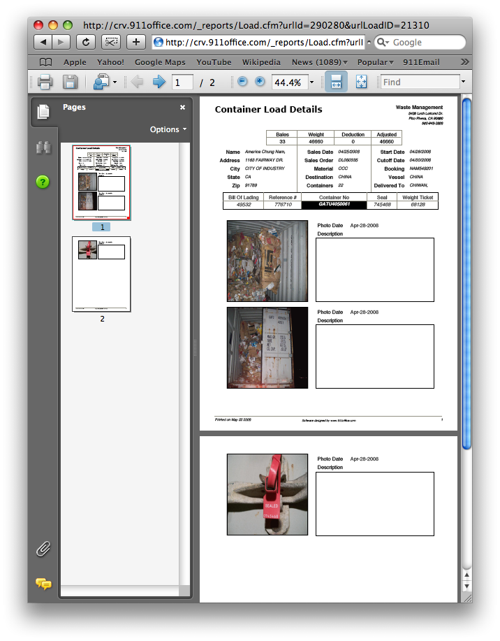 Outbound Exporting Recycling Load Report